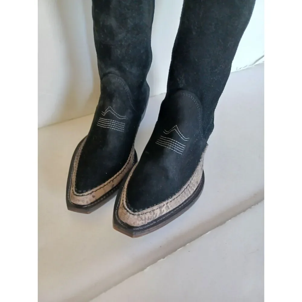 Free People Boho Western Boot Sterling Knee Hi Tall Slouchy Black Suede Euro 38